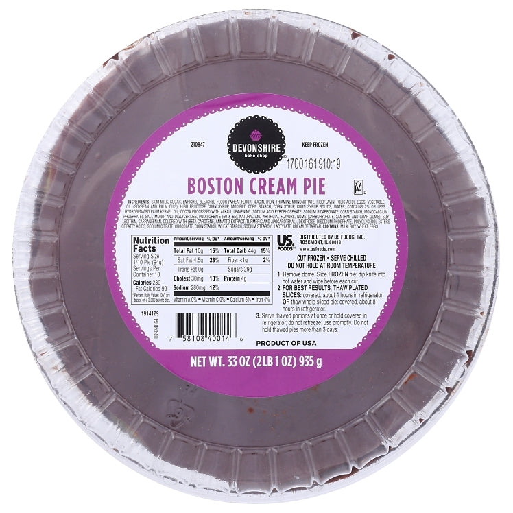 PIE, BOSTON CREAM UNSLICED THAW & SERVE FROZEN DOME LID (6/33OZ)(12.37LB) CASE.