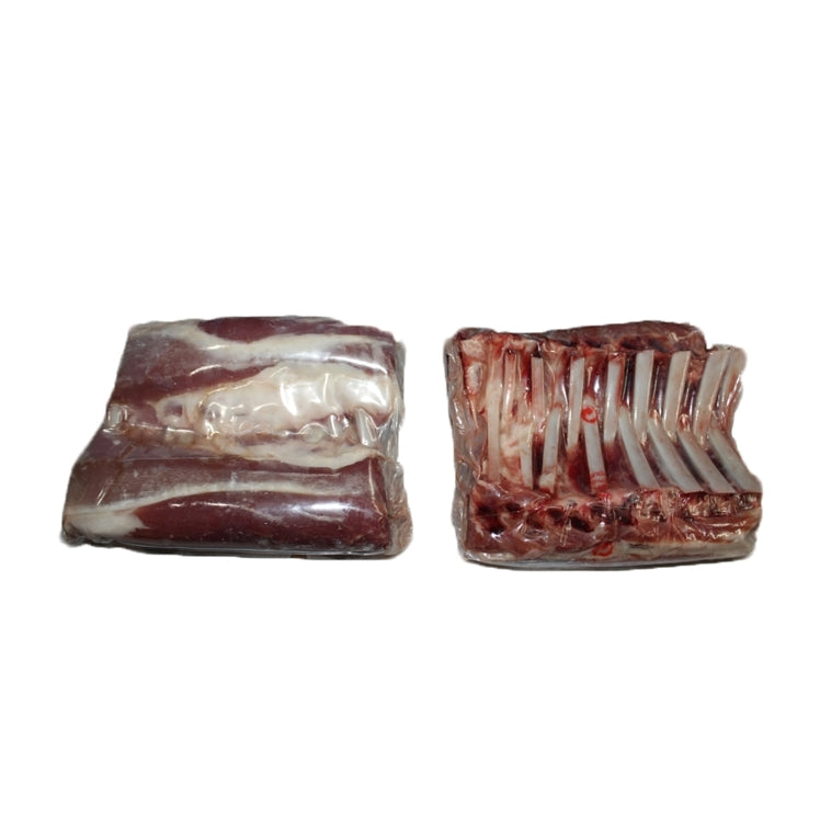 LAMB, RACK 8 RIB 204D BONE-IN CAP-OFF FRENCHED RAW FROZEN VACUUM-PACK 14-16