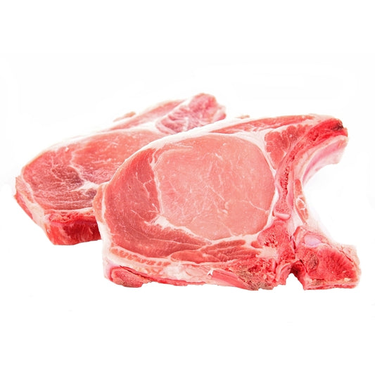 PORK, CHOP PORTERHOUSE STYLE BONE-IN CC RAW REF 1412 1" TAIL DUROC(10LB) CASE (10/14)OZ     .